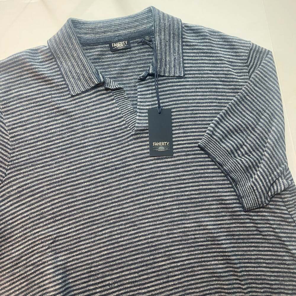 Faherty Reserve SS Linen Sweater Polo Cayman Navy Feeder Size XXL